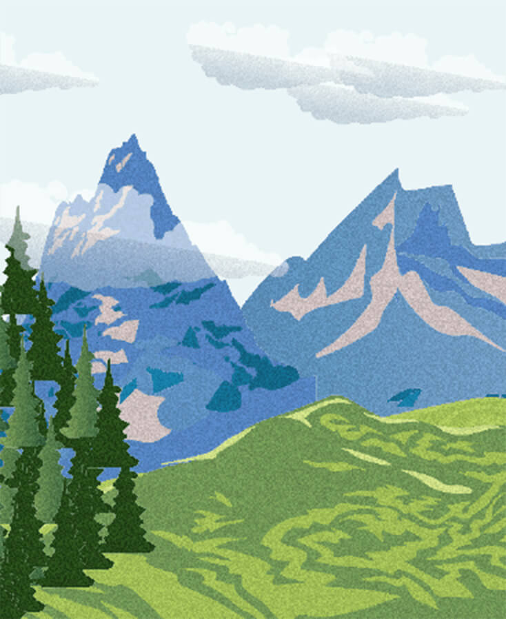 Artistic graphic of a mountain range with evergreen trees